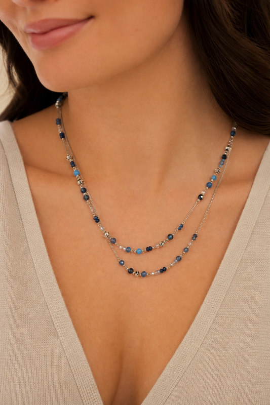 Blue and Silver Beaded Layered Necklace | Studio7Fashion,Studio7Fashion
