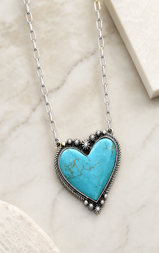 necklace, heart necklace, turquoise necklace, floral necklace, silver-tone jewelry, pendant necklace, romantic jewelry, gift for her,Studio7Fashion