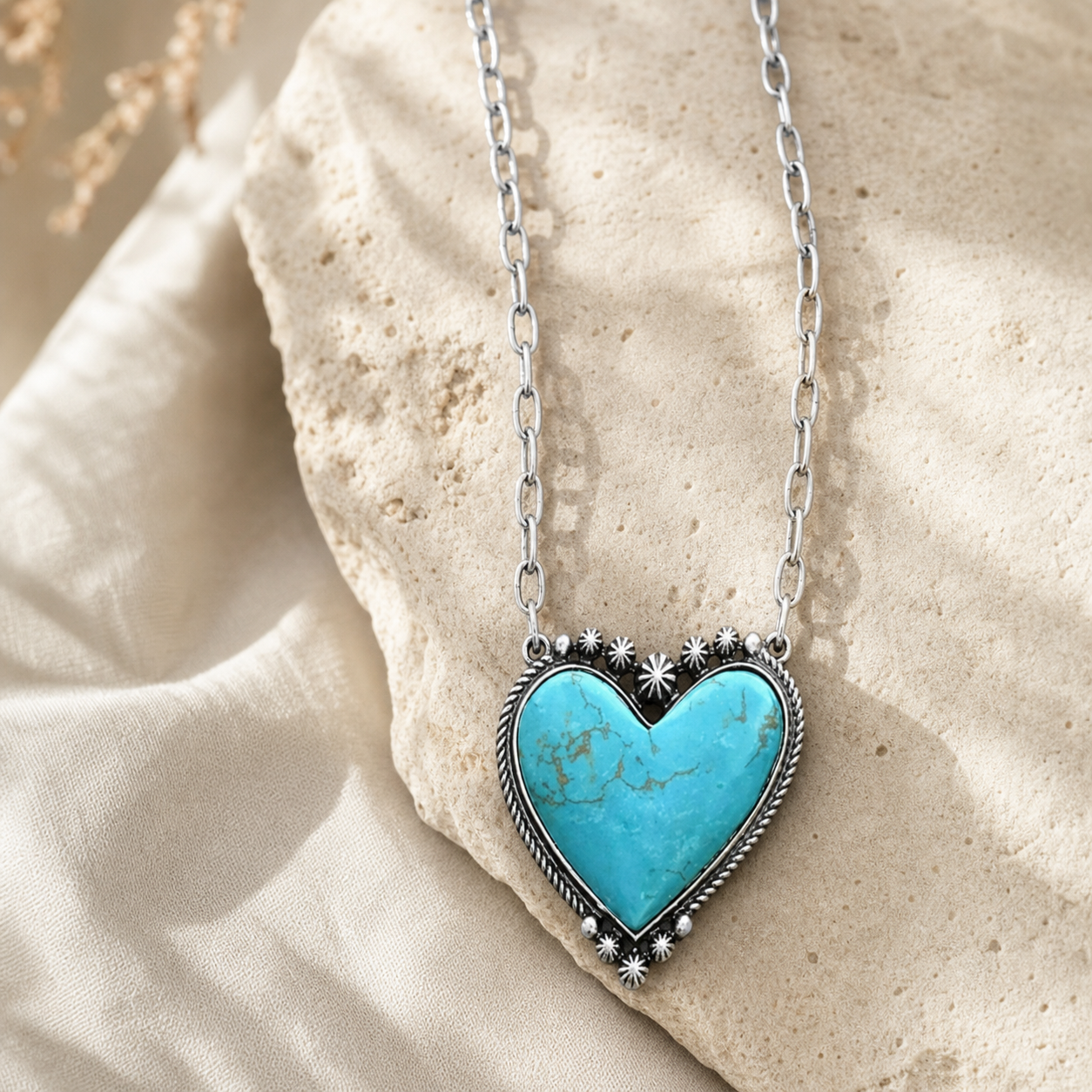 Turquoise Heart Floral Accent Necklace,Studio7Fashion