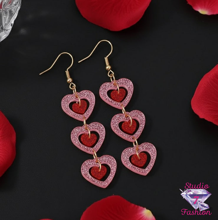 Triple Love Glitter Heart Earrings