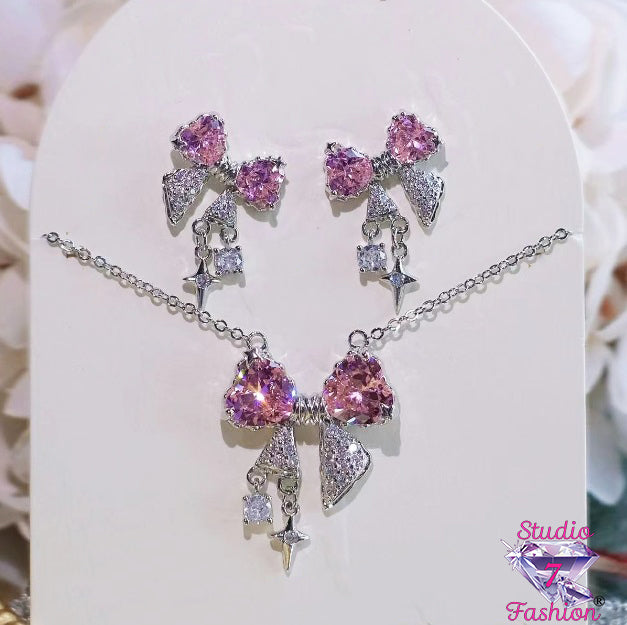 Perfectly Pink Bow and Stars Necklace Earring Set