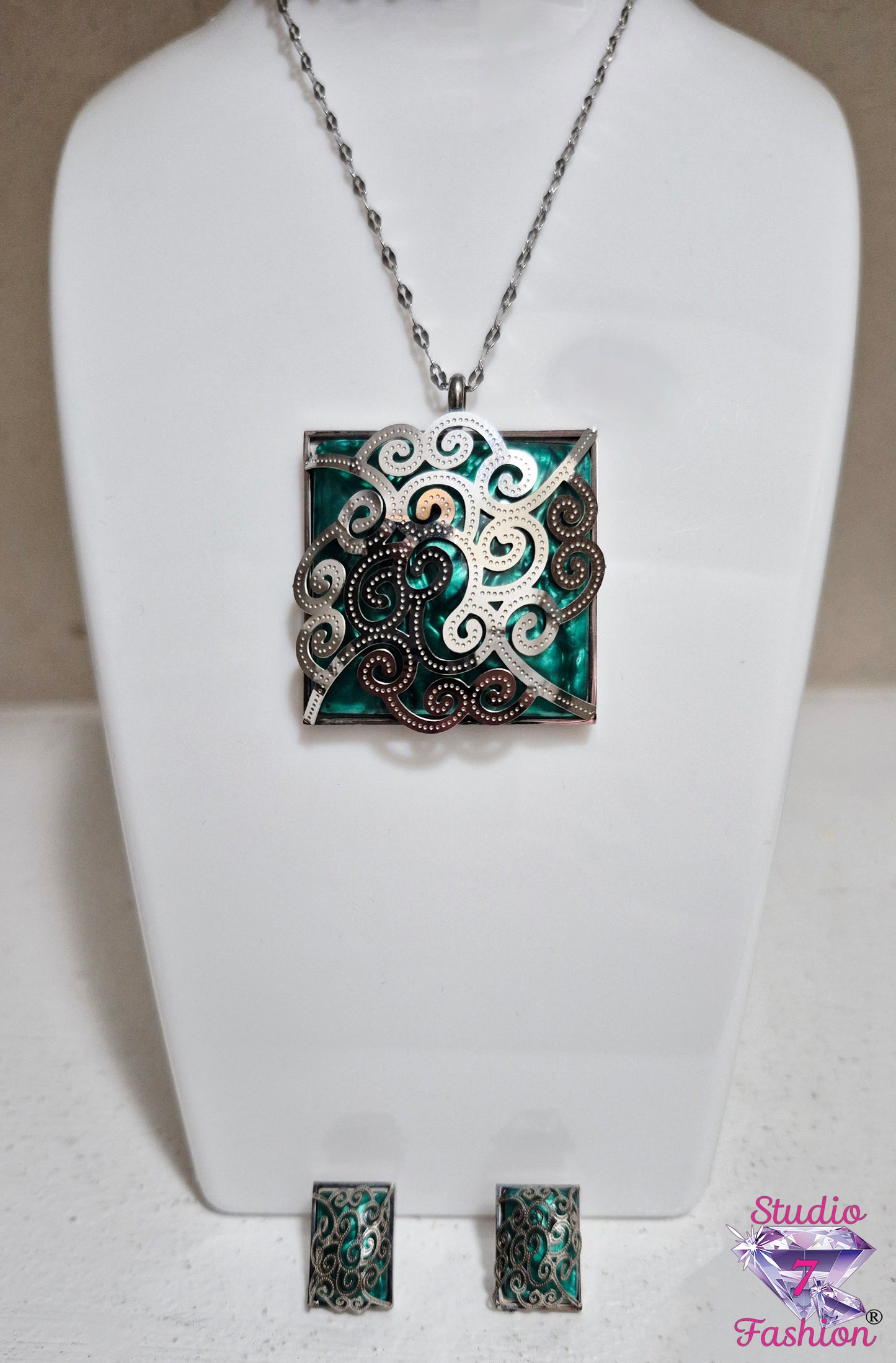 Mystic Teal Scrollwork Necklace Earring Set