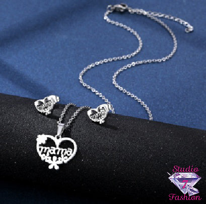 Flower Mama Necklace Earring Set Silver