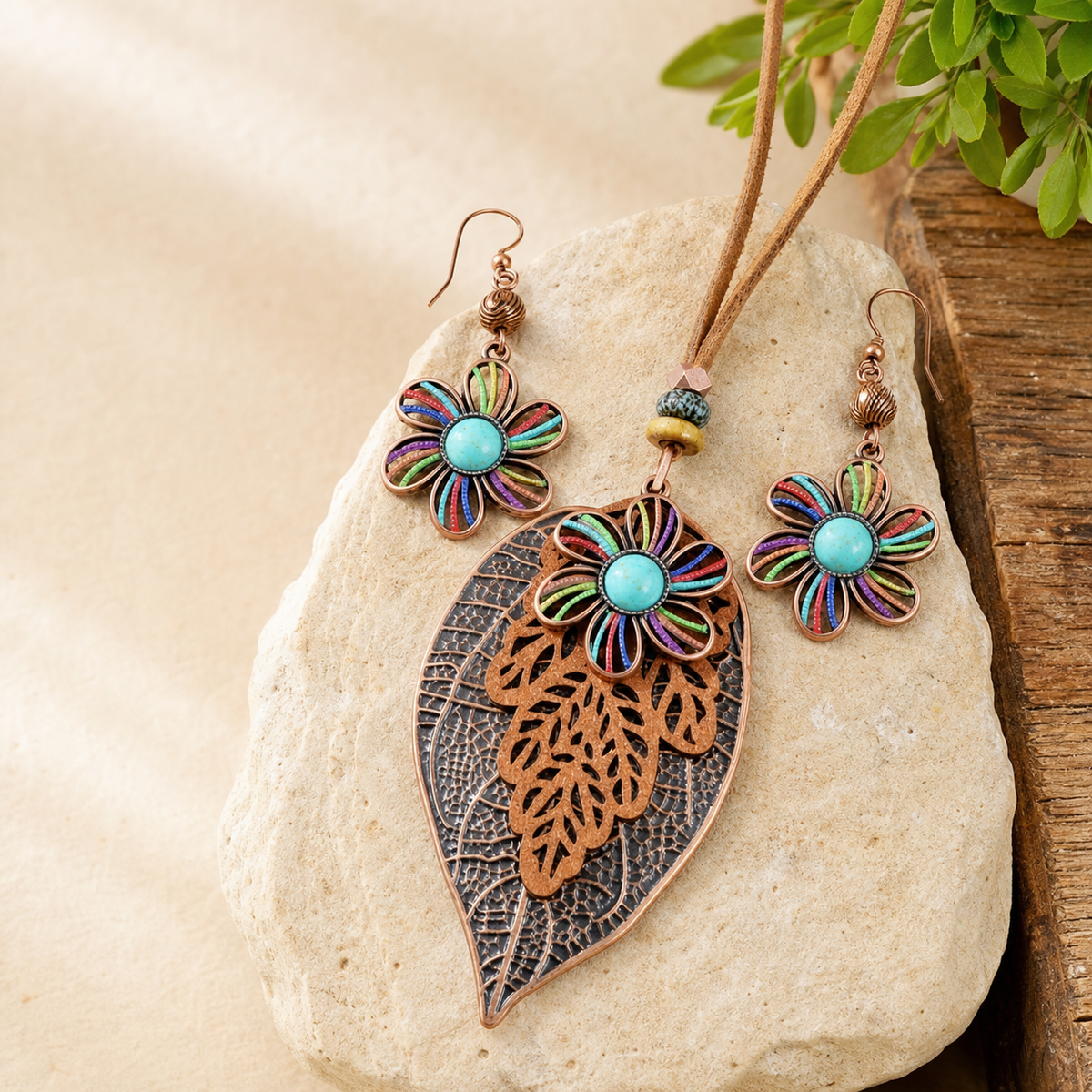 Colorful Leaf Pendant Necklace and Earrings Jewelry Set,Studio7Fashion