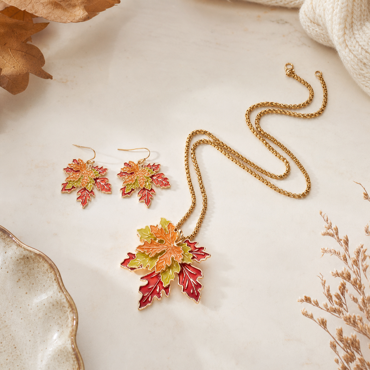 Multicolor Leaf Jewelry Set - Necklace and Earrings,Studio7Fashion