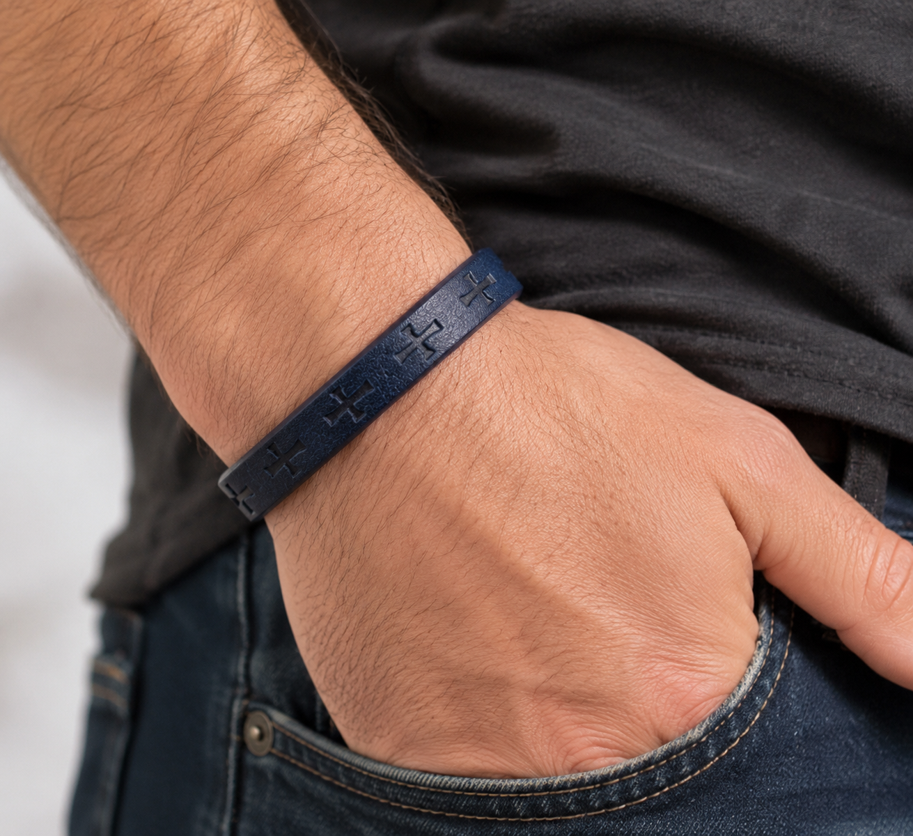 Rugged Devotion Embossed Cross Leather Bracelet