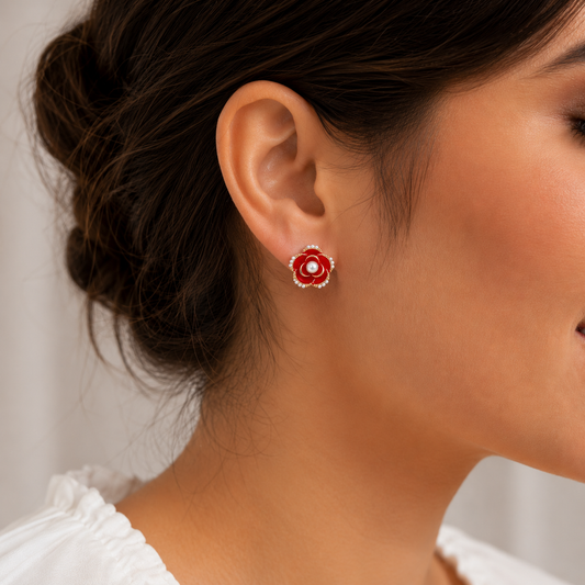 Vintage Romance Red Camellia & Pearl Stud Earrings