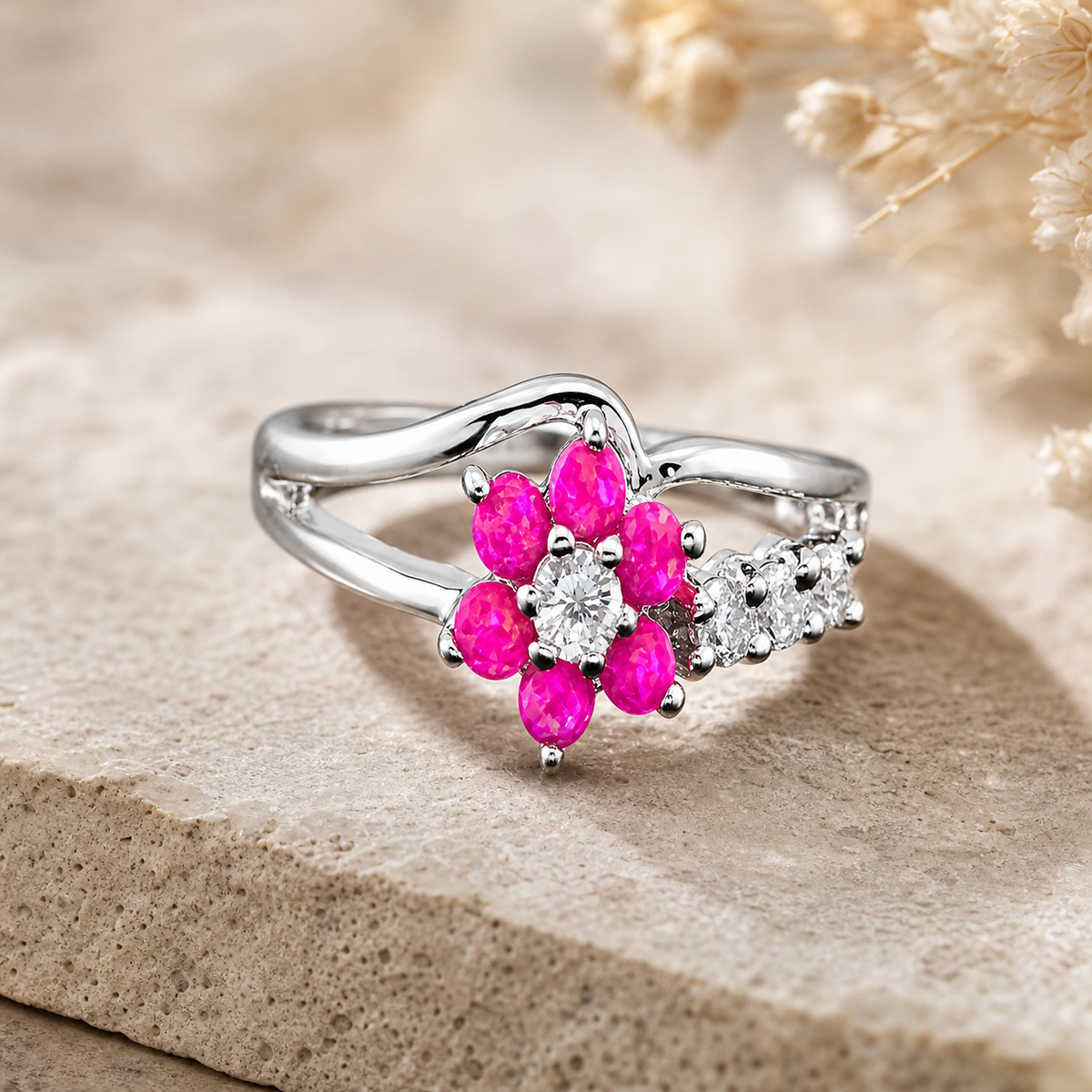Silver Pink Floral Ring,Studio7Fashion