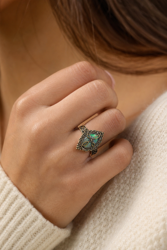 Turquoise-Green Oval Filigree Ring | Studio7Fashion,Studio7Fashion
