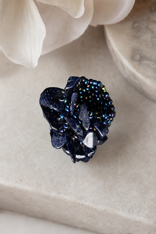 Dark Blue Beaded Elastic Ring,Studio7Fashion