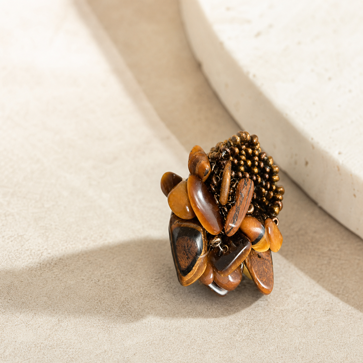 Brown Amber-Tone Elastic Cluster Ring,Studio7Fashion