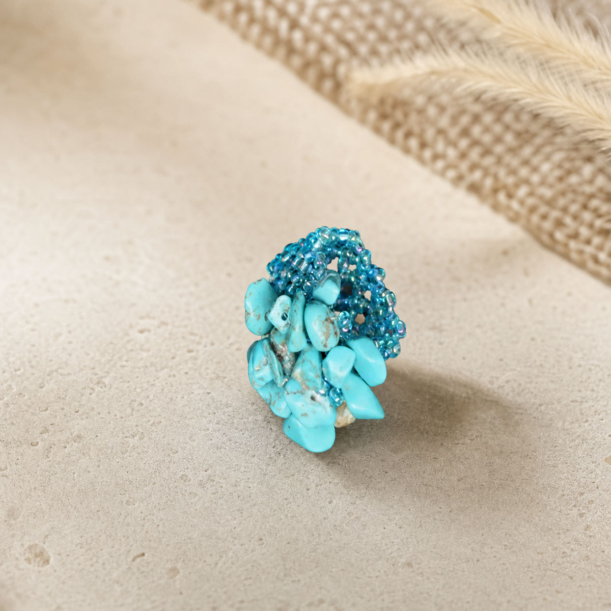 Turquoise-Colored Beaded Elastic Ring,Studio7Fashion