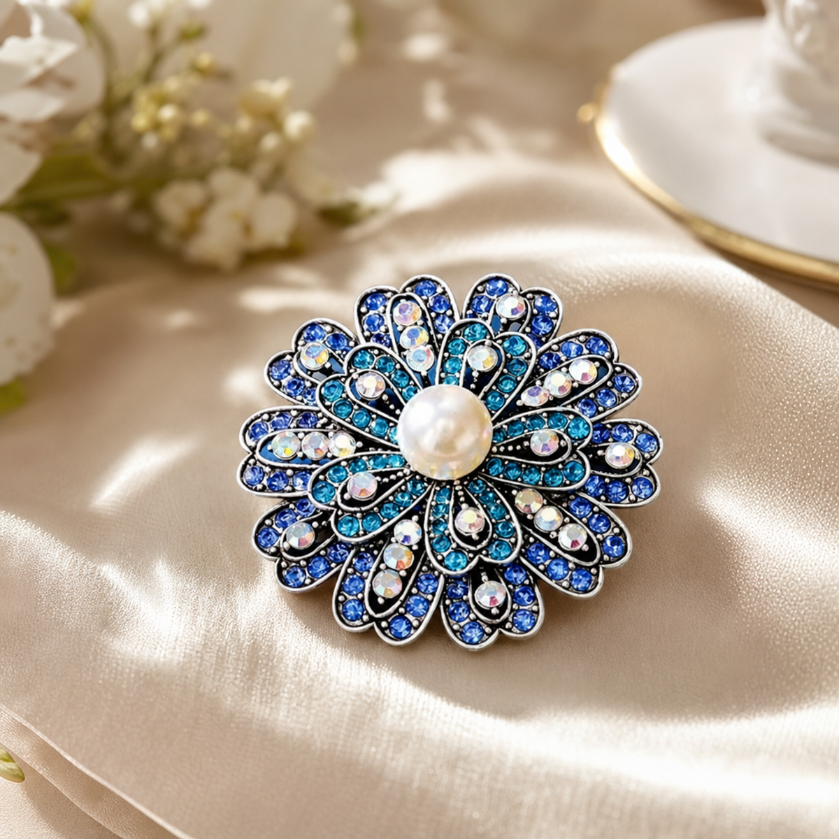 Blue Floral Rhinestone Brooch with Pearl-Like Center,Studio7Fashion