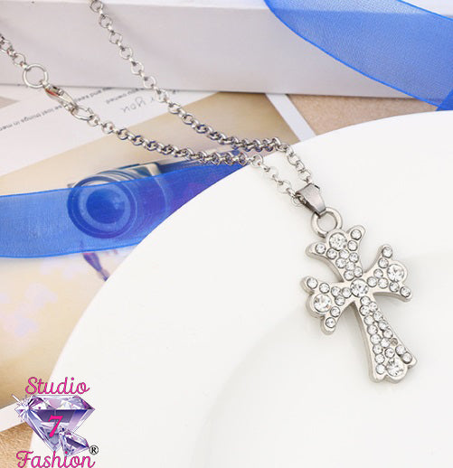 Many Rhinestones Silver Cross Necklace