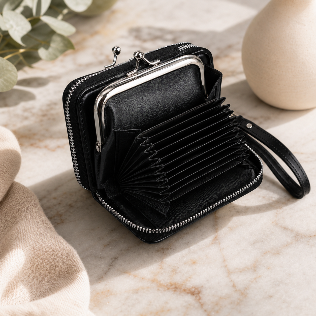 Black Zippered Accordion Wallet,Studio7Fashion