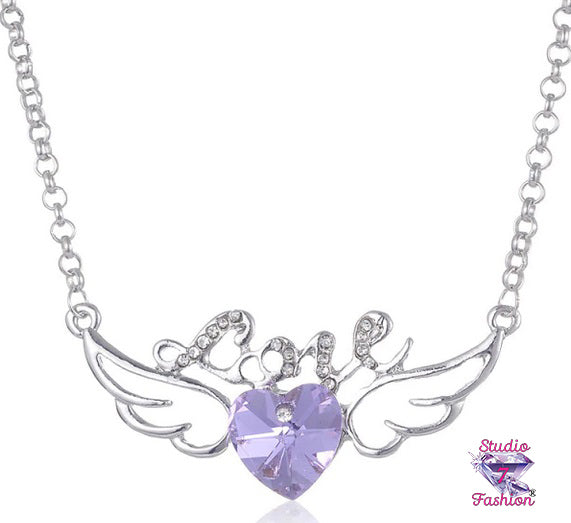 Lilac Heart Angel Wings Love Necklace