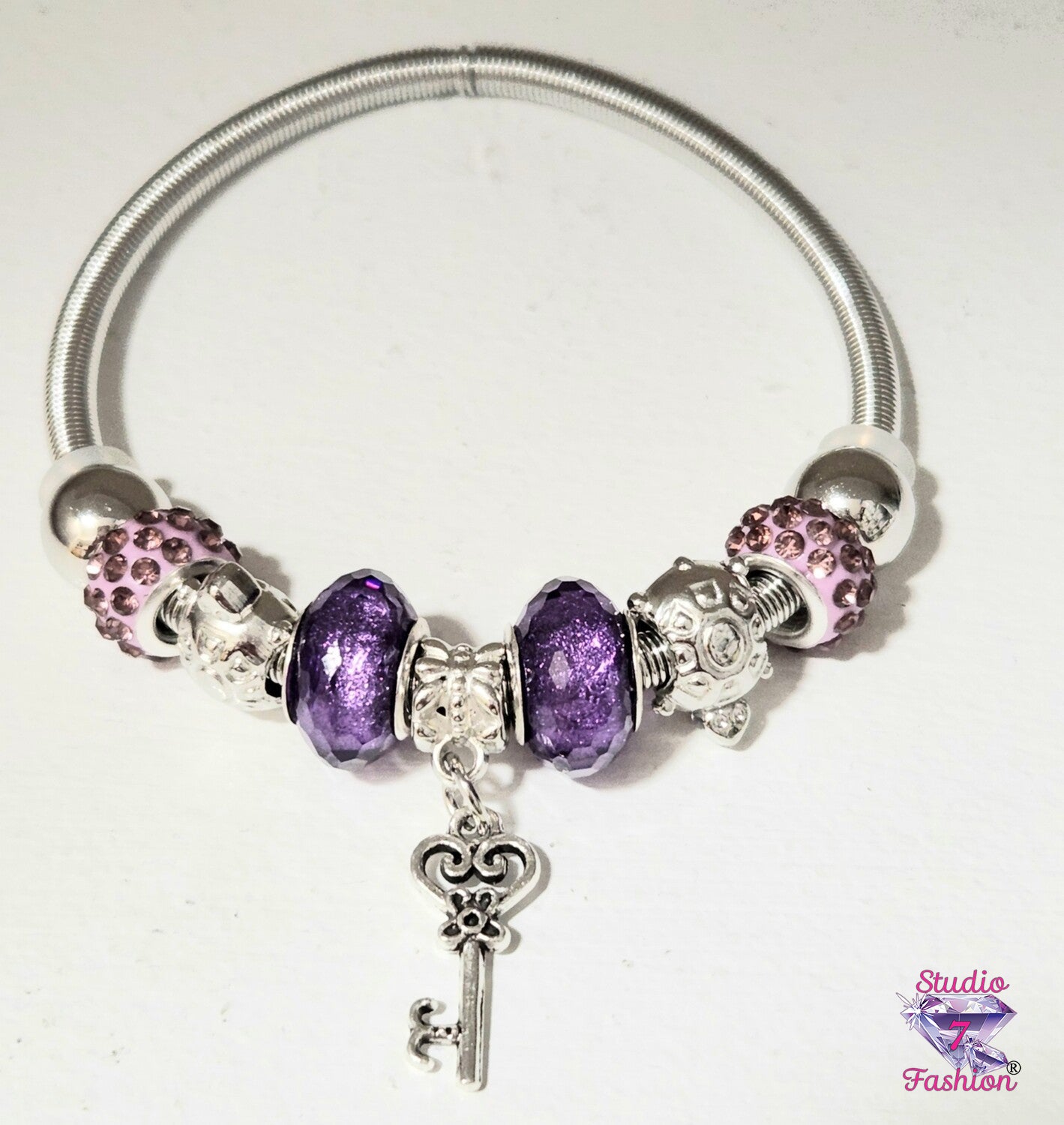 Amethyst Rhinestone Key Charm Bracelet