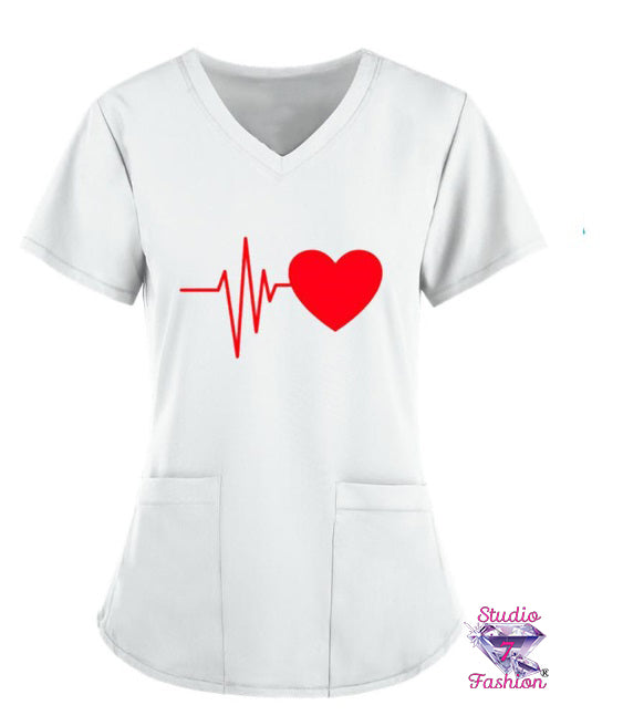 Heart Beats For You Scrub Top White