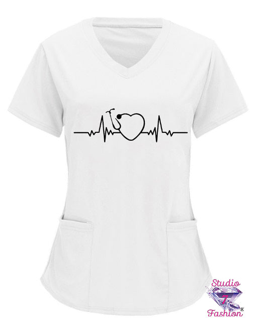 Heartbeat Stethoscope Scrub Top White