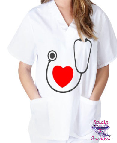 Stethoscope Heart Scrub Top White