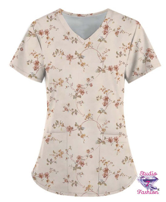 Bed Of Roses Scrub Top Pink