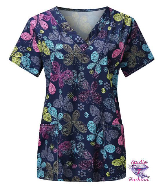 Artistic Butterflies Scrub Top