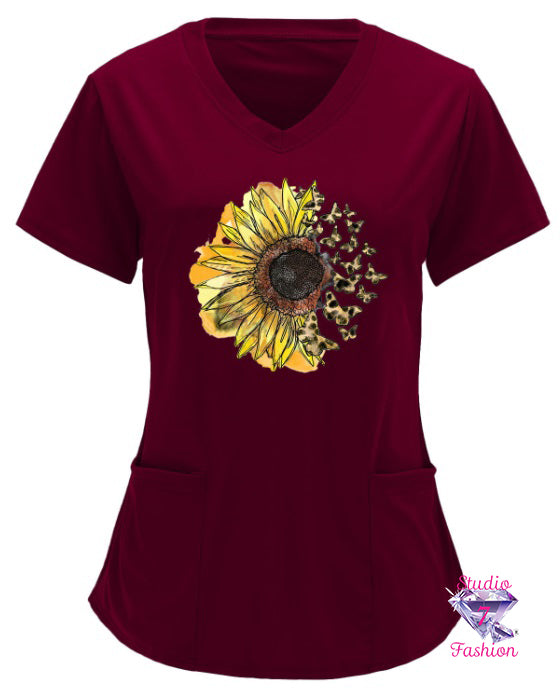 Butterfly Sunflower Scrub Top Burgundy