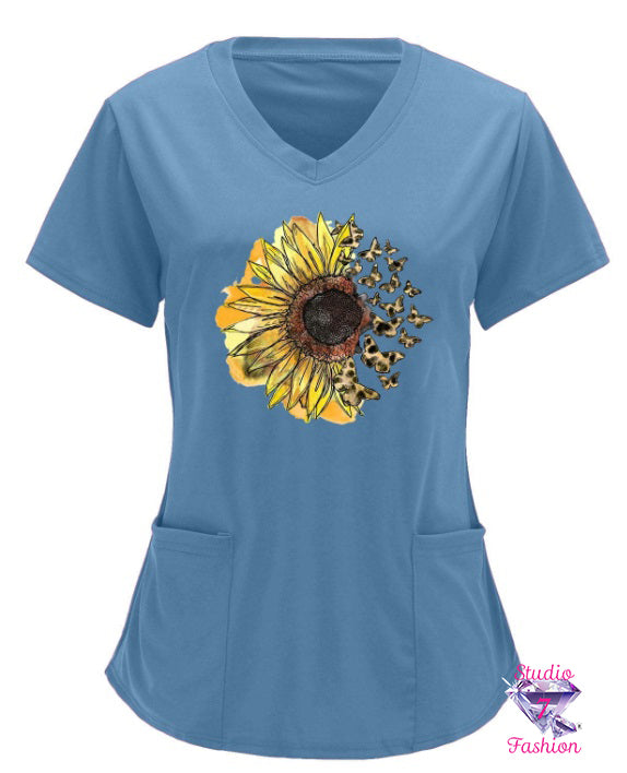 Butterfly Sunflower Scrub Top Blue