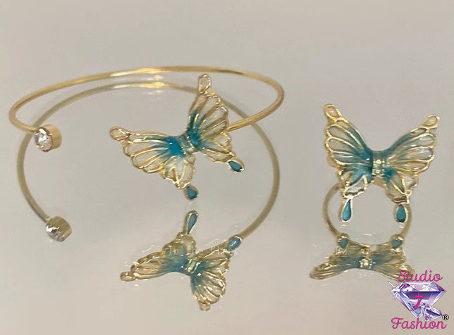 Vintage Green/Gold Butterfly Bracelet Ring Set