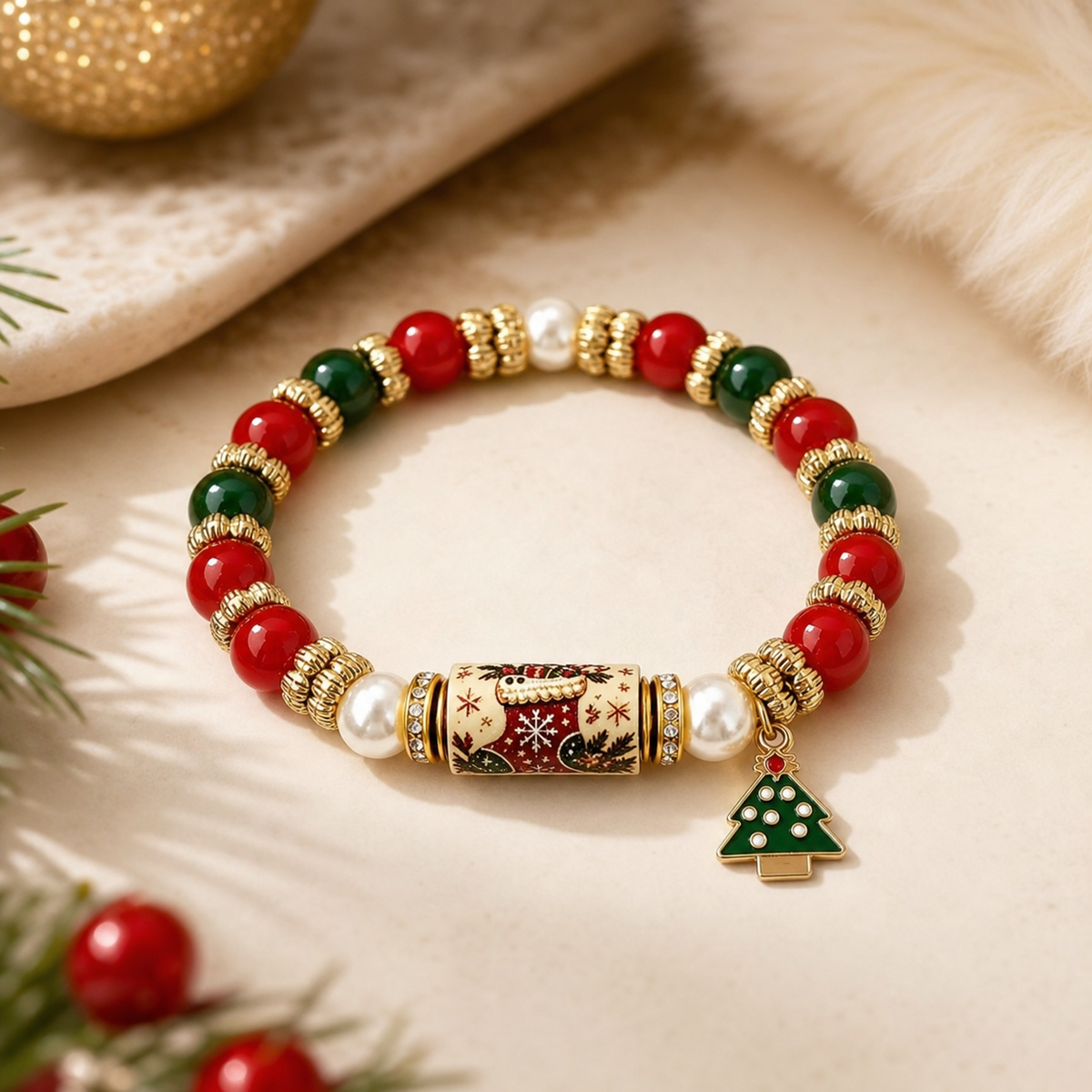 Vintage Christmas Stocking Beaded Bracelet,Studio7Fashion
