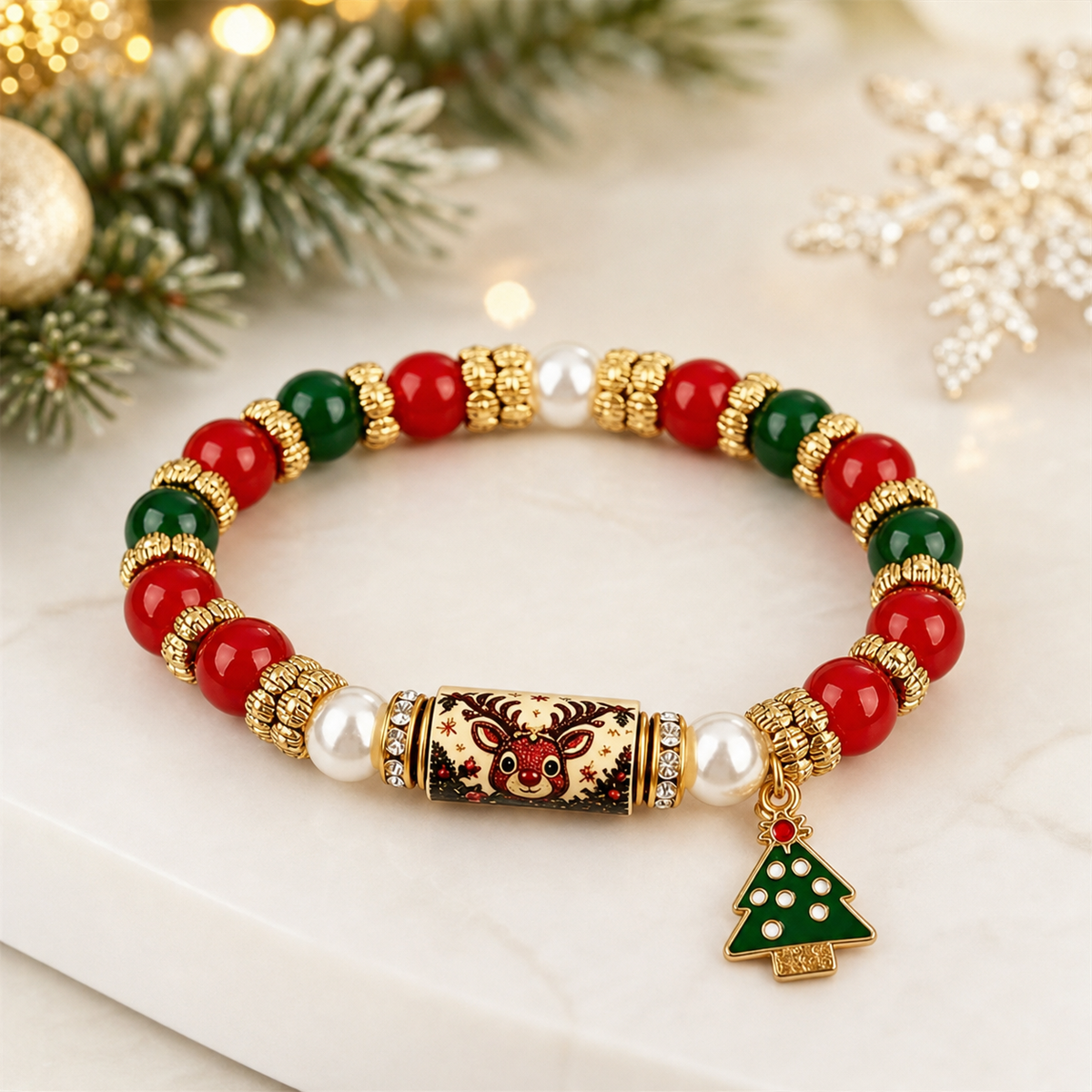 Christmas Rudolph Reindeer Elastic Bracelet with Tree Charm,Studio7Fashion