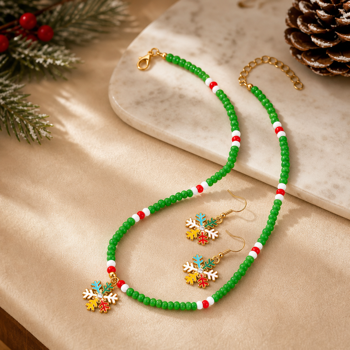Christmas Snowflake Beaded Necklace and Earrings Jewelry Set,Studio7Fashion