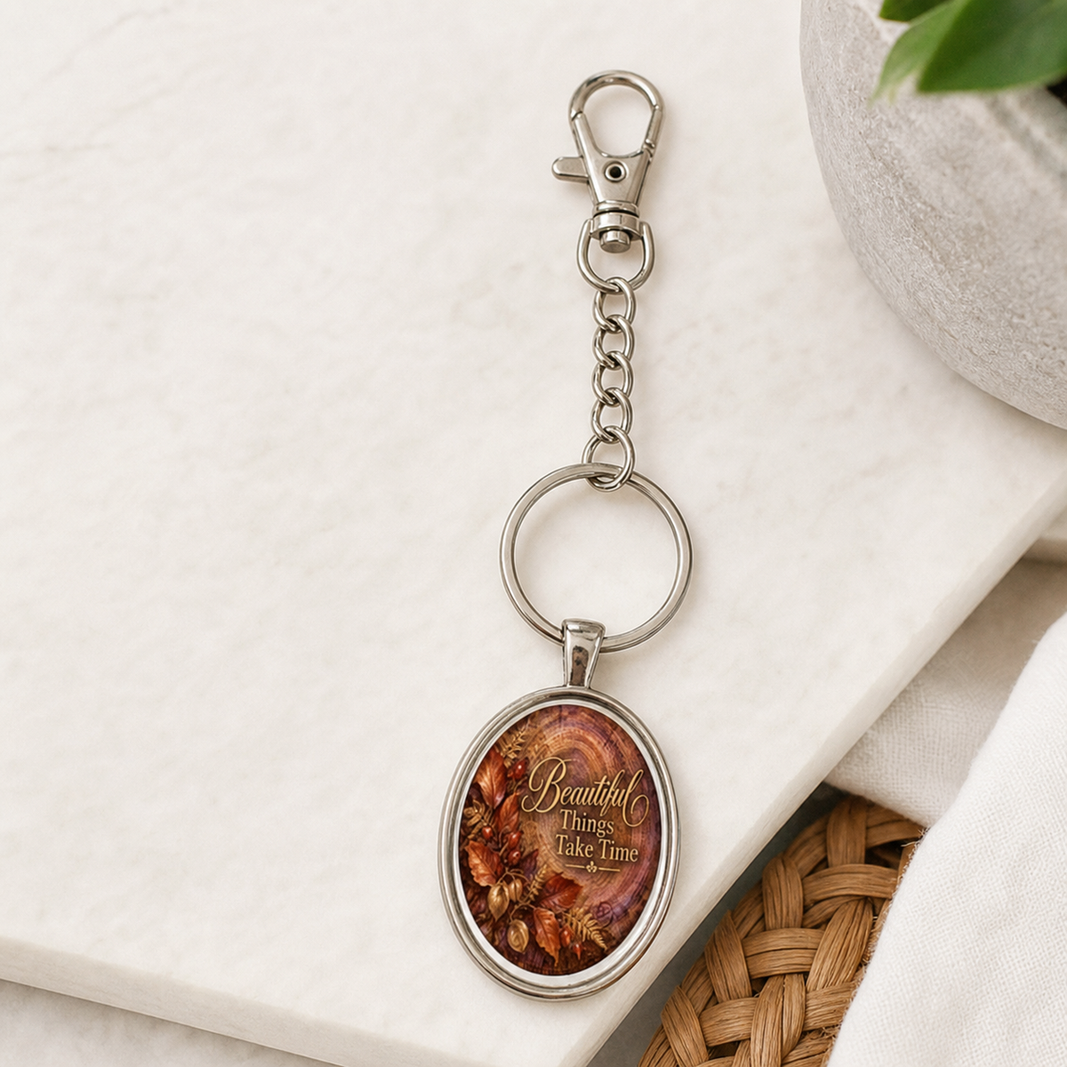 Beautiful Things Take Time Oval Keychain,Studio7Fashion