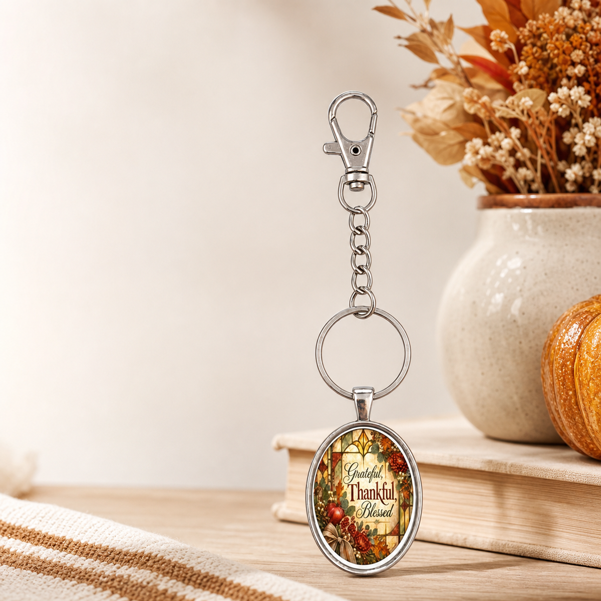 Grateful Thankful Blessed Oval Keychain,Studio7Fashion