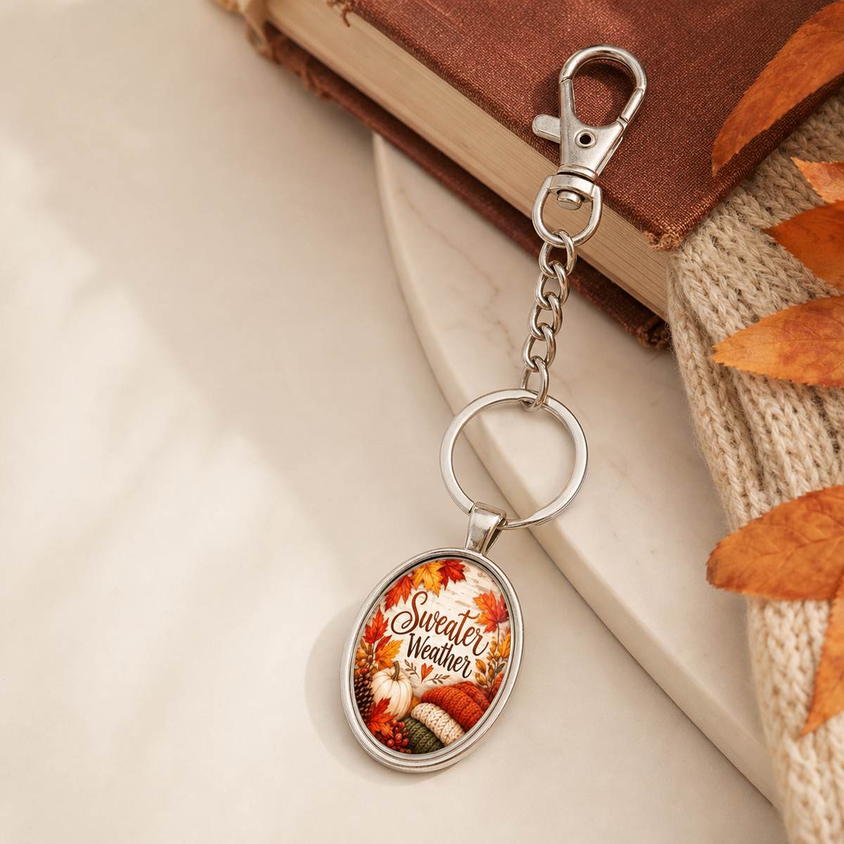 Sweater Weather Oval Autumn Keychain,Studio7Fashion