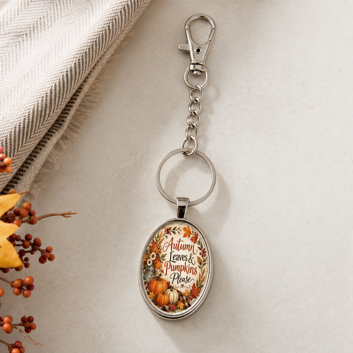 Autumn Leaves & Pumpkins Please Oval Keychain,Studio7Fashion