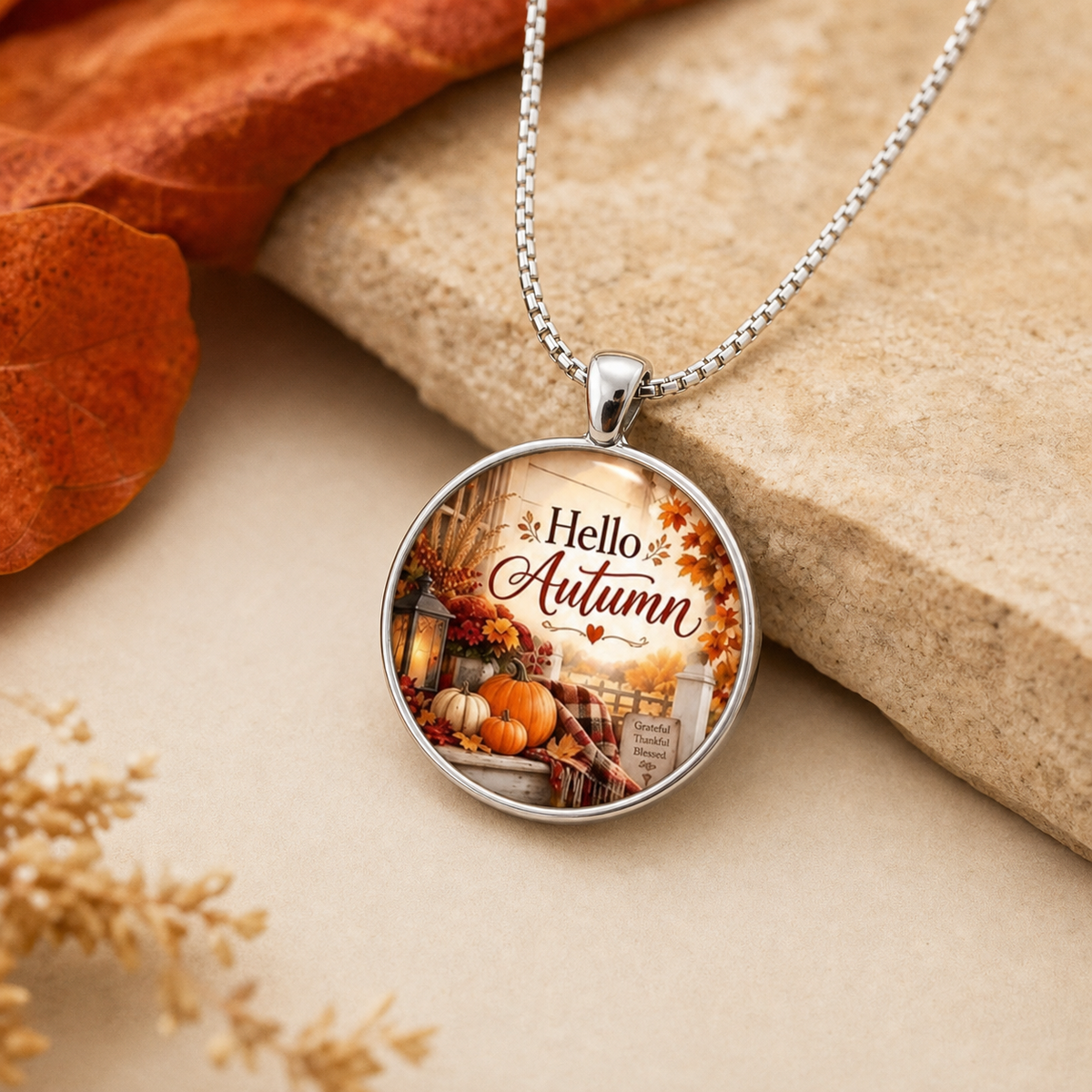 Hello Autumn Pumpkin Scene Necklace,Studio7Fashion
