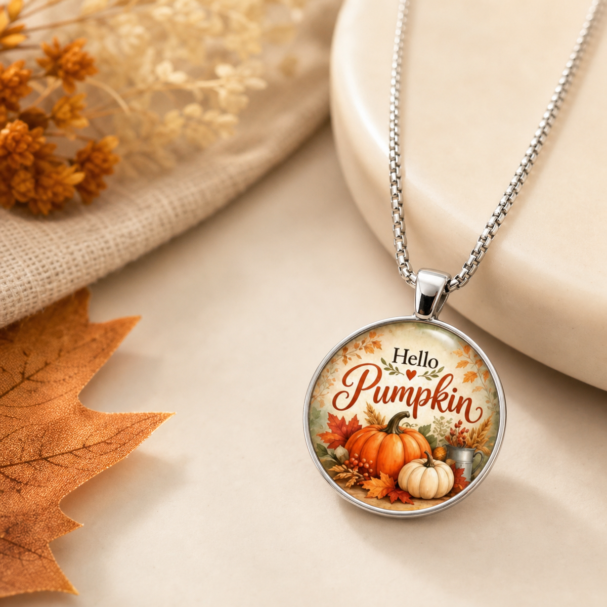 Hello Pumpkin Autumn Round Pendant Necklace,Studio7Fashion