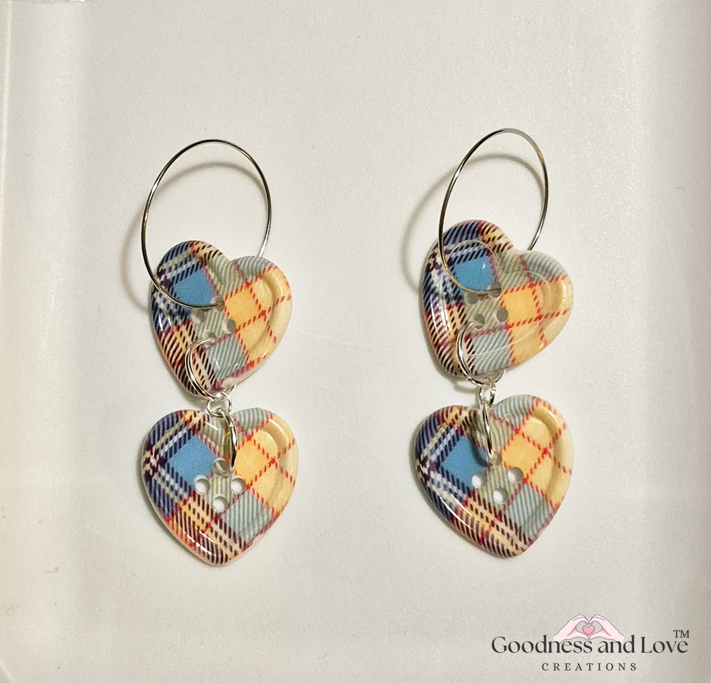 Blue Yellow Plaid Heart Earrings