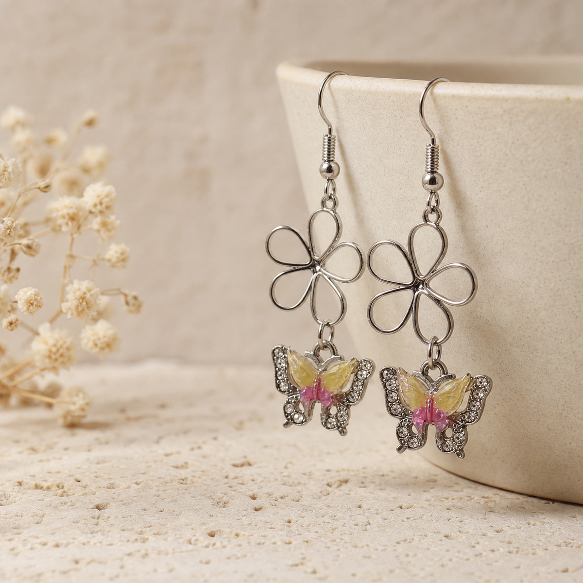 Butterfly and Flower Drop Earrings,Studio7Fashion
