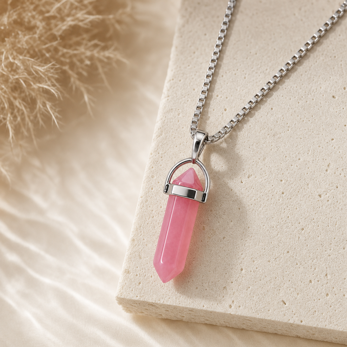 Silver Pink Faceted Pendant Necklace,Studio7Fashion