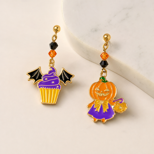 earrings, drop earrings, Halloween jewelry, fall accessories, cupcake earrings, pumpkin earrings, bat earrings, mismatched earrings, purple jewelry, orange jewelry, gift,Studio7Fashion