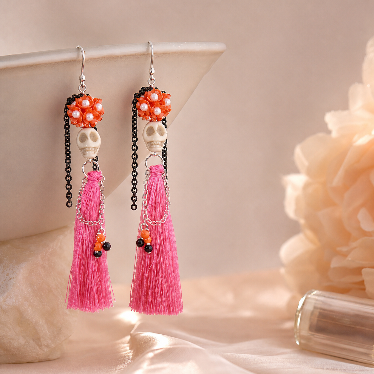 Pink Tassel Floral Dangle Earrings,Studio7Fashion