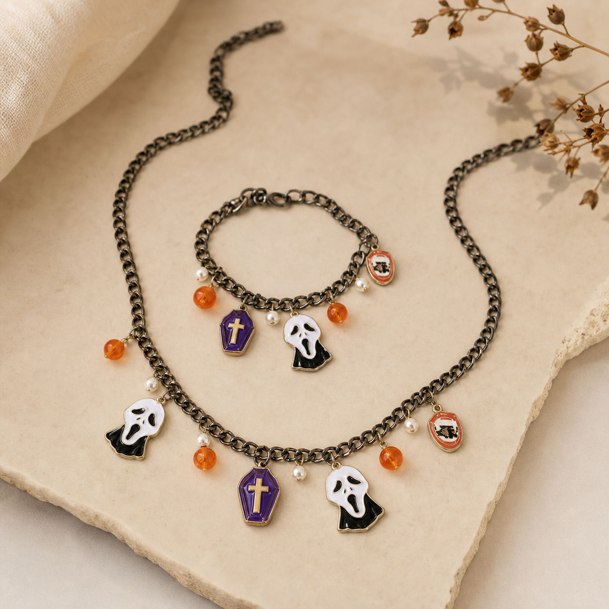 Ghost & Cross Necklace and Bracelet Jewelry Set,Studio7Fashion