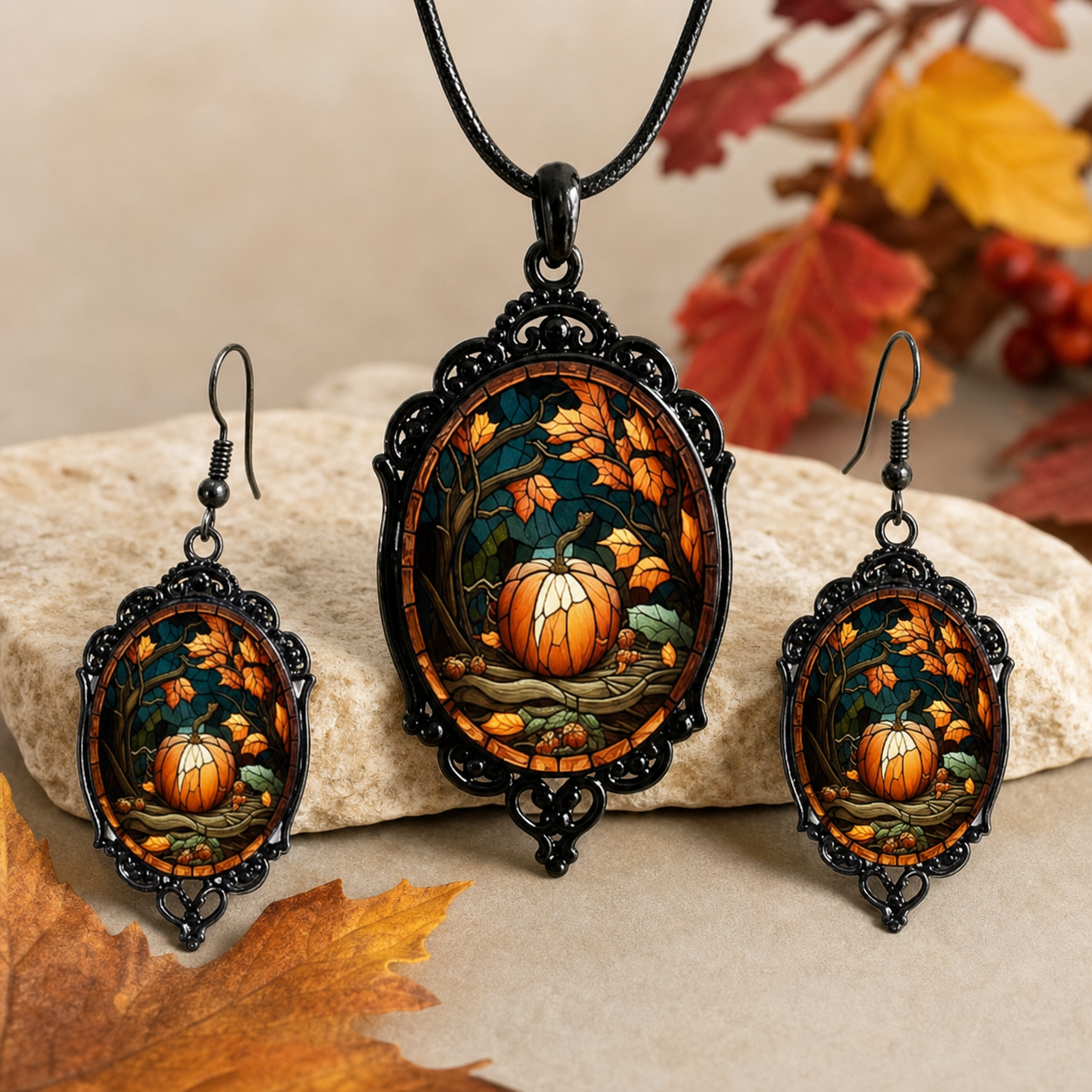 Pumpkin Stained Glass 3-Piece Jewelry Set,Studio7Fashion