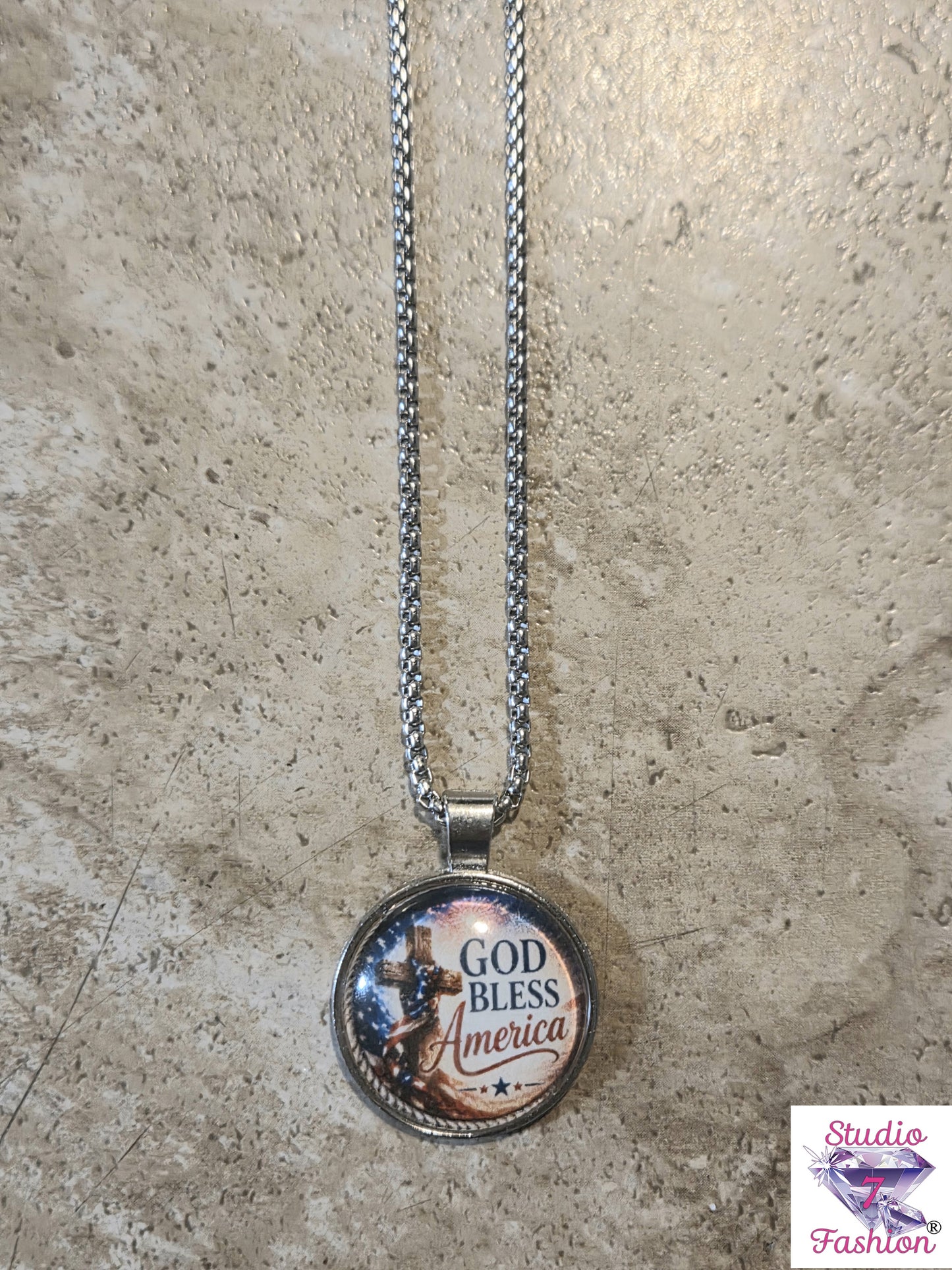 God Bless America Patriotic Cross Necklace Circle
