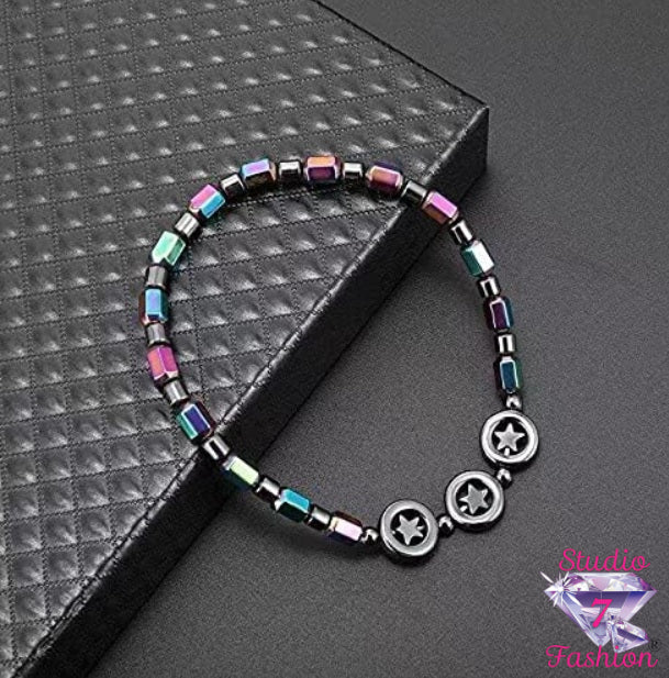 Hematite Triple Star Oil Spill Bracelet