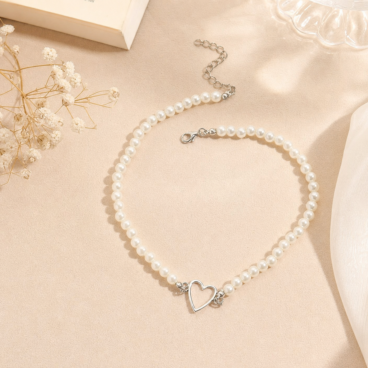 White Beaded Double Heart Necklace,Studio7Fashion