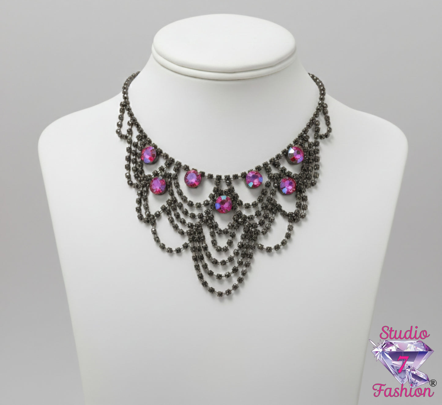 Fabulous Ebony Rhinestone and Iridescent/Purple Necklace