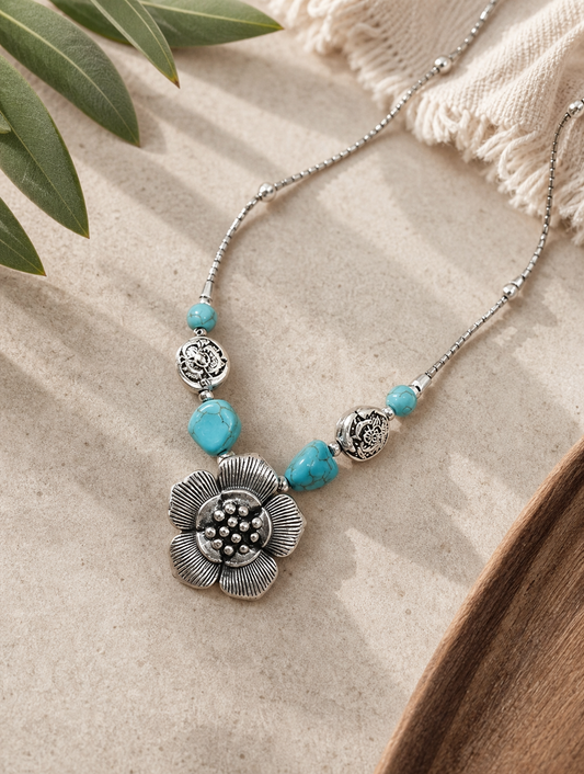 Turquoise Beaded Silver Flower Necklace,Studio7Fashion